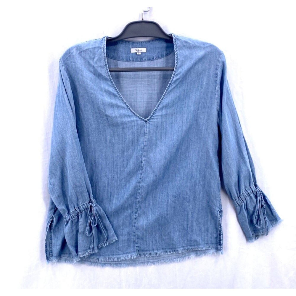 Rails Zimi Top Womens S Blue Linen Blend Chambray Long Sleeves Tie Flare Cuffs